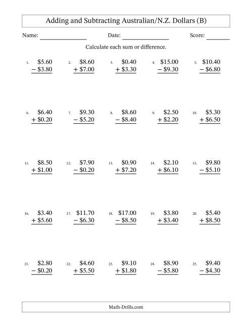 The Adding and Subtracting Australian/N.Z. Dollars With Amounts from 0.10 to 9.90 in Increments of Ten Cents (B) Math Worksheet