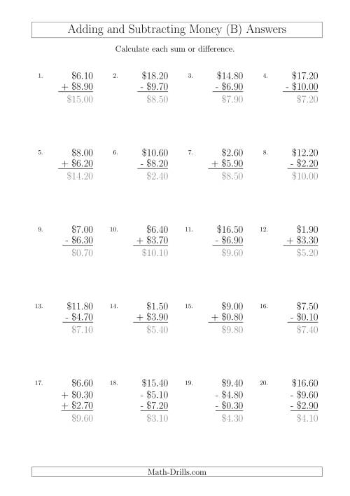 The Adding and Subtracting Australian Dollars with Amounts up to $10 in Increments of 10 Cents (B) Math Worksheet Page 2