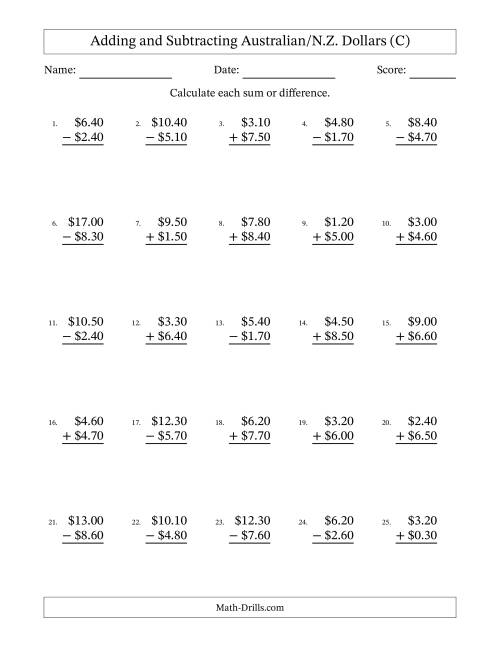 The Adding and Subtracting Australian/N.Z. Dollars With Amounts from 0.10 to 9.90 in Increments of Ten Cents (C) Math Worksheet