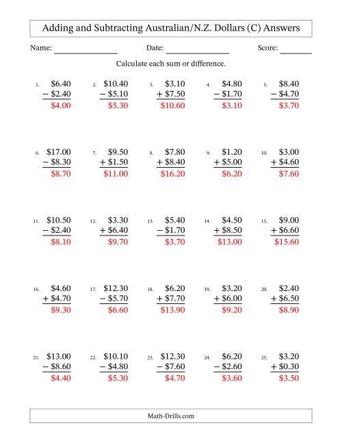 The Adding and Subtracting Australian/N.Z. Dollars With Amounts from 0.10 to 9.90 in Increments of Ten Cents (C) Math Worksheet Page 2