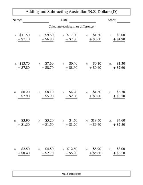 The Adding and Subtracting Australian/N.Z. Dollars With Amounts from 0.10 to 9.90 in Increments of Ten Cents (D) Math Worksheet