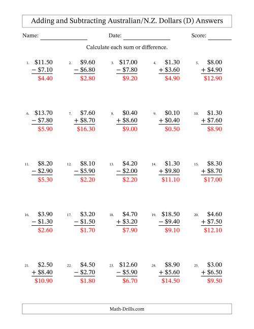 The Adding and Subtracting Australian/N.Z. Dollars With Amounts from 0.10 to 9.90 in Increments of Ten Cents (D) Math Worksheet Page 2