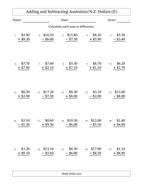 The Adding and Subtracting Australian/N.Z. Dollars With Amounts from 0.10 to 9.90 in Increments of Ten Cents (E) Math Worksheet