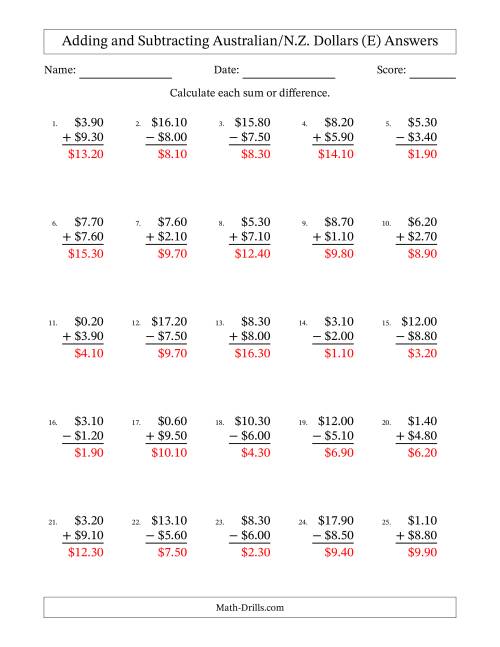 The Adding and Subtracting Australian/N.Z. Dollars With Amounts from 0.10 to 9.90 in Increments of Ten Cents (E) Math Worksheet Page 2