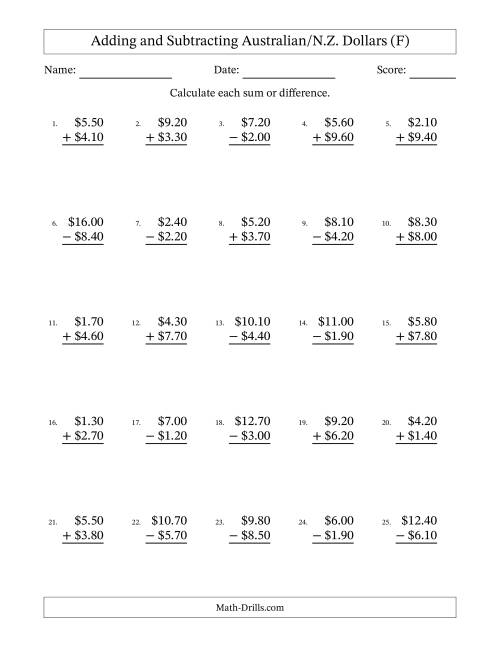 The Adding and Subtracting Australian/N.Z. Dollars With Amounts from 0.10 to 9.90 in Increments of Ten Cents (F) Math Worksheet