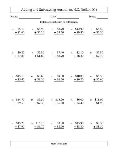 The Adding and Subtracting Australian/N.Z. Dollars With Amounts from 0.10 to 9.90 in Increments of Ten Cents (G) Math Worksheet