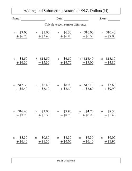 The Adding and Subtracting Australian/N.Z. Dollars With Amounts from 0.10 to 9.90 in Increments of Ten Cents (H) Math Worksheet