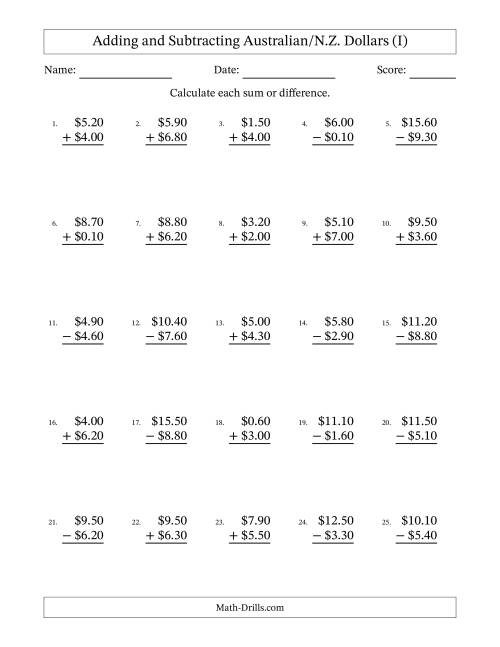 The Adding and Subtracting Australian/N.Z. Dollars With Amounts from 0.10 to 9.90 in Increments of Ten Cents (I) Math Worksheet