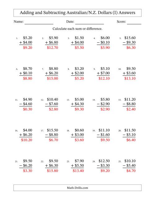 The Adding and Subtracting Australian/N.Z. Dollars With Amounts from 0.10 to 9.90 in Increments of Ten Cents (I) Math Worksheet Page 2