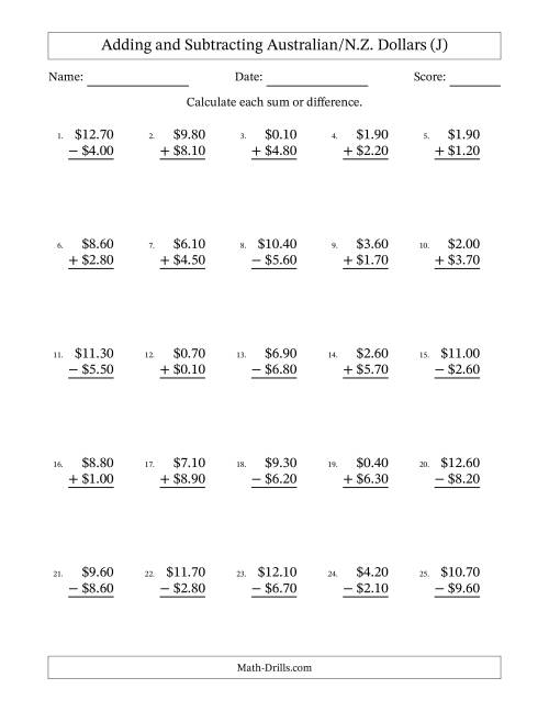 The Adding and Subtracting Australian/N.Z. Dollars With Amounts from 0.10 to 9.90 in Increments of Ten Cents (J) Math Worksheet