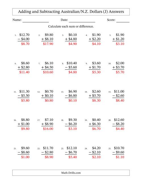 The Adding and Subtracting Australian/N.Z. Dollars With Amounts from 0.10 to 9.90 in Increments of Ten Cents (J) Math Worksheet Page 2