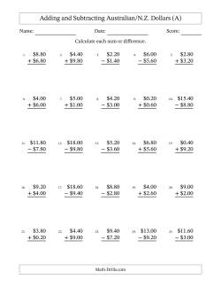 Adding and Subtracting Australian/N.Z. Dollars With Amounts from 0.20 to 9.80 in Increments of Twenty Cents