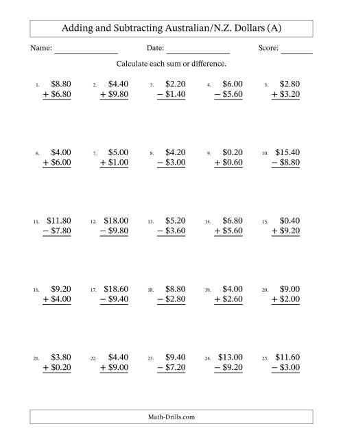 The Adding and Subtracting Australian/N.Z. Dollars With Amounts from 0.20 to 9.80 in Increments of Twenty Cents (A) Math Worksheet