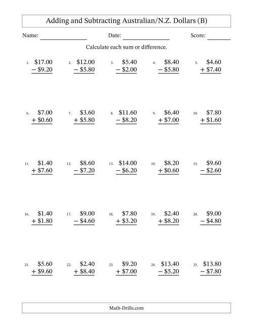 The Adding and Subtracting Australian/N.Z. Dollars With Amounts from 0.20 to 9.80 in Increments of Twenty Cents (B) Math Worksheet