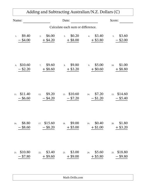 The Adding and Subtracting Australian/N.Z. Dollars With Amounts from 0.20 to 9.80 in Increments of Twenty Cents (C) Math Worksheet