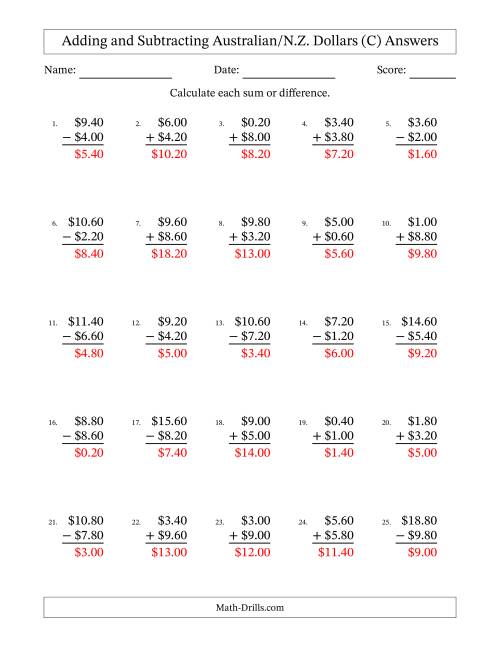 The Adding and Subtracting Australian/N.Z. Dollars With Amounts from 0.20 to 9.80 in Increments of Twenty Cents (C) Math Worksheet Page 2