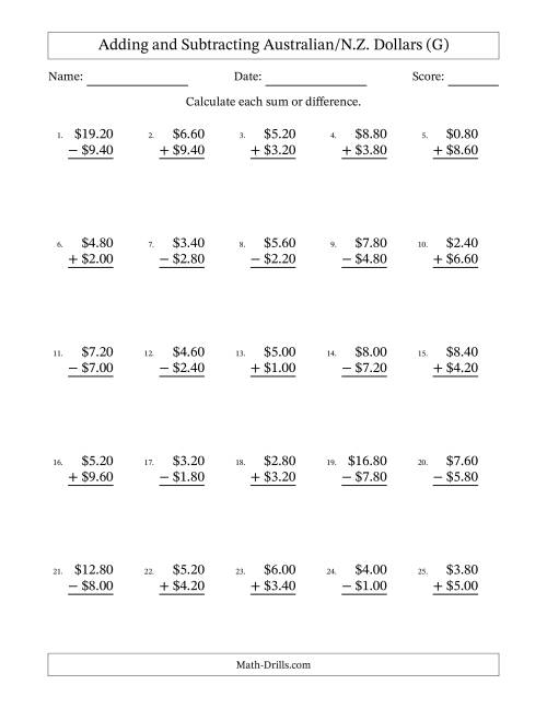 The Adding and Subtracting Australian/N.Z. Dollars With Amounts from 0.20 to 9.80 in Increments of Twenty Cents (G) Math Worksheet