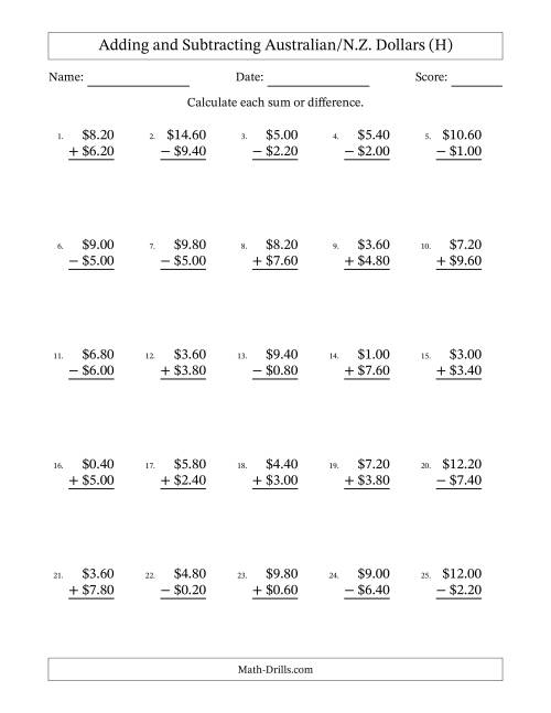 The Adding and Subtracting Australian/N.Z. Dollars With Amounts from 0.20 to 9.80 in Increments of Twenty Cents (H) Math Worksheet