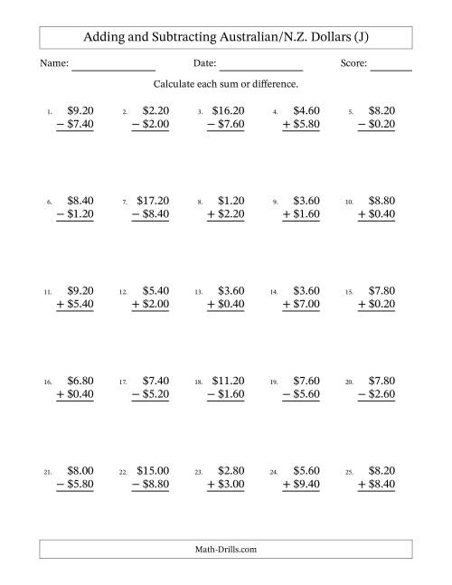 The Adding and Subtracting Australian/N.Z. Dollars With Amounts from 0.20 to 9.80 in Increments of Twenty Cents (J) Math Worksheet