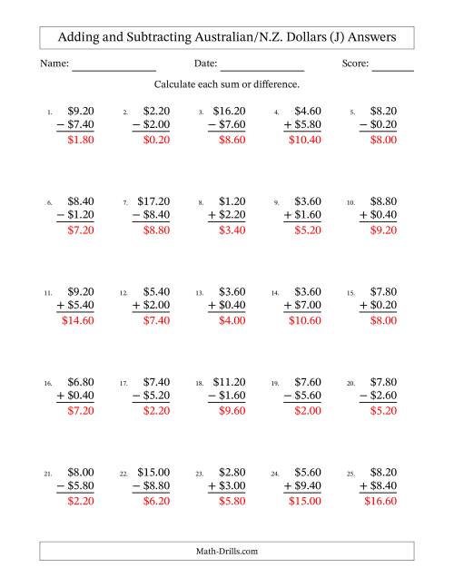 The Adding and Subtracting Australian/N.Z. Dollars With Amounts from 0.20 to 9.80 in Increments of Twenty Cents (J) Math Worksheet Page 2