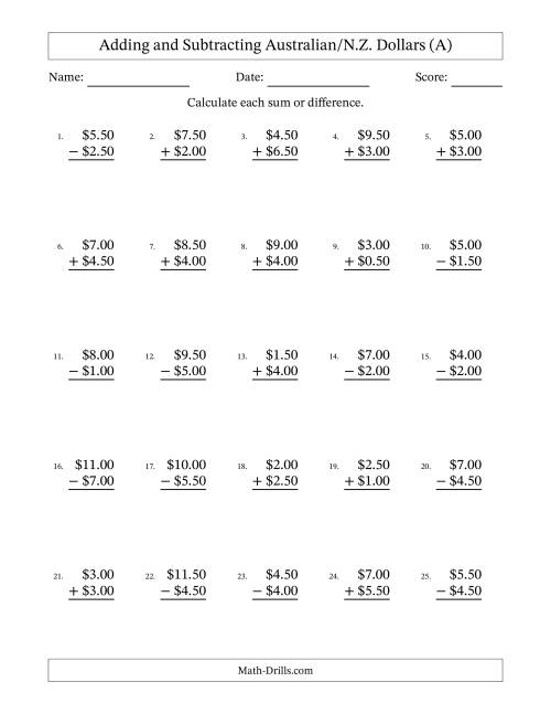 The Adding and Subtracting Australian/N.Z. Dollars With Amounts from 0.50 to 9.50 in Increments of Fifty Cents (A) Math Worksheet