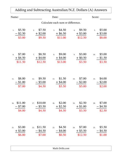 The Adding and Subtracting Australian/N.Z. Dollars With Amounts from 0.50 to 9.50 in Increments of Fifty Cents (A) Math Worksheet Page 2