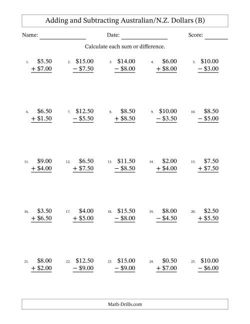 The Adding and Subtracting Australian/N.Z. Dollars With Amounts from 0.50 to 9.50 in Increments of Fifty Cents (B) Math Worksheet