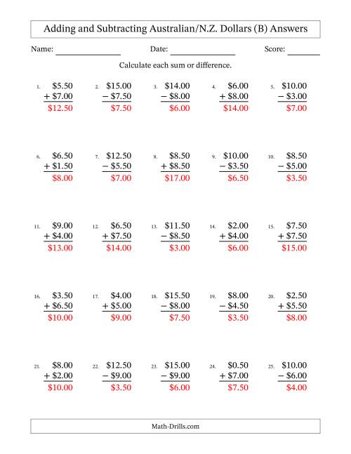 The Adding and Subtracting Australian/N.Z. Dollars With Amounts from 0.50 to 9.50 in Increments of Fifty Cents (B) Math Worksheet Page 2