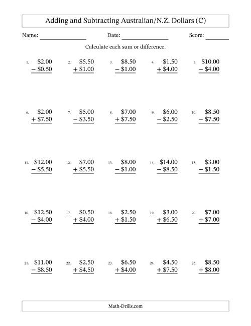 The Adding and Subtracting Australian/N.Z. Dollars With Amounts from 0.50 to 9.50 in Increments of Fifty Cents (C) Math Worksheet