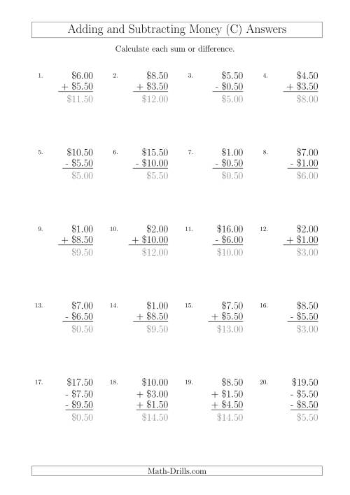 The Adding and Subtracting Australian Dollars with Amounts up to $10 in Increments of 50 Cents (C) Math Worksheet Page 2