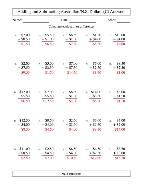 The Adding and Subtracting Australian/N.Z. Dollars With Amounts from 0.50 to 9.50 in Increments of Fifty Cents (C) Math Worksheet Page 2