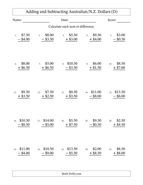 The Adding and Subtracting Australian/N.Z. Dollars With Amounts from 0.50 to 9.50 in Increments of Fifty Cents (D) Math Worksheet