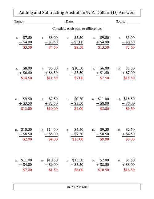 The Adding and Subtracting Australian/N.Z. Dollars With Amounts from 0.50 to 9.50 in Increments of Fifty Cents (D) Math Worksheet Page 2