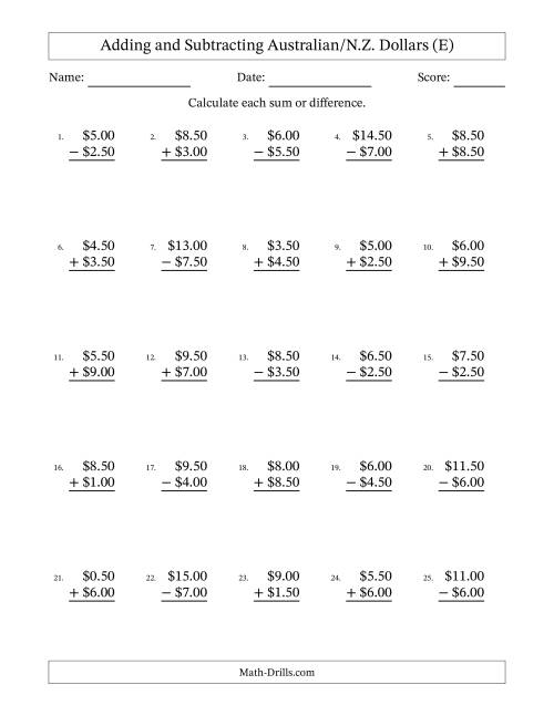 The Adding and Subtracting Australian/N.Z. Dollars With Amounts from 0.50 to 9.50 in Increments of Fifty Cents (E) Math Worksheet