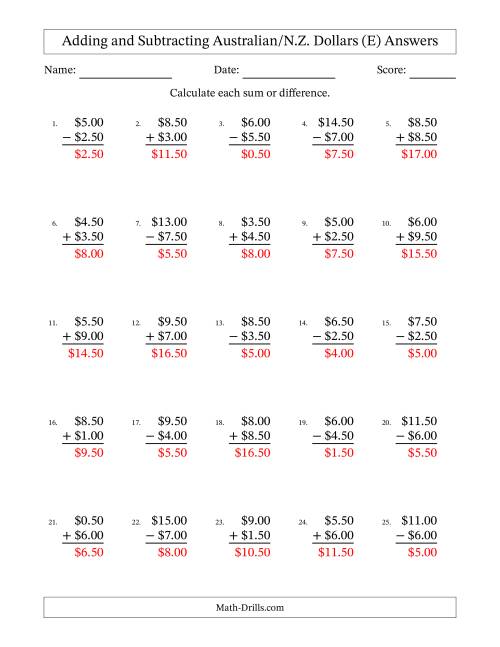 The Adding and Subtracting Australian/N.Z. Dollars With Amounts from 0.50 to 9.50 in Increments of Fifty Cents (E) Math Worksheet Page 2