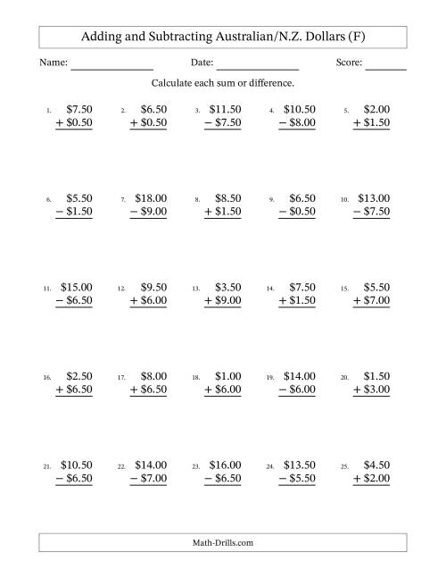 The Adding and Subtracting Australian/N.Z. Dollars With Amounts from 0.50 to 9.50 in Increments of Fifty Cents (F) Math Worksheet