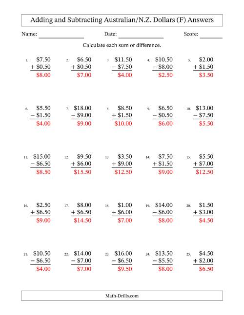 The Adding and Subtracting Australian/N.Z. Dollars With Amounts from 0.50 to 9.50 in Increments of Fifty Cents (F) Math Worksheet Page 2