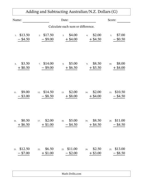 The Adding and Subtracting Australian/N.Z. Dollars With Amounts from 0.50 to 9.50 in Increments of Fifty Cents (G) Math Worksheet