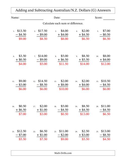 The Adding and Subtracting Australian/N.Z. Dollars With Amounts from 0.50 to 9.50 in Increments of Fifty Cents (G) Math Worksheet Page 2