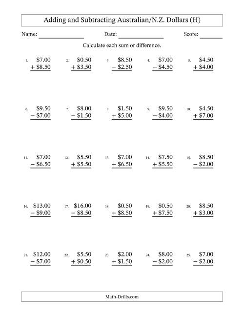 The Adding and Subtracting Australian/N.Z. Dollars With Amounts from 0.50 to 9.50 in Increments of Fifty Cents (H) Math Worksheet