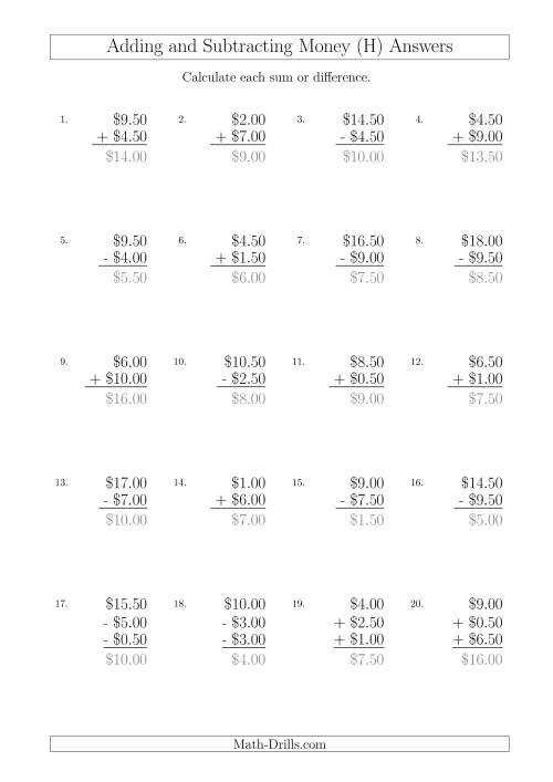 The Adding and Subtracting Australian Dollars with Amounts up to $10 in Increments of 50 Cents (H) Math Worksheet Page 2