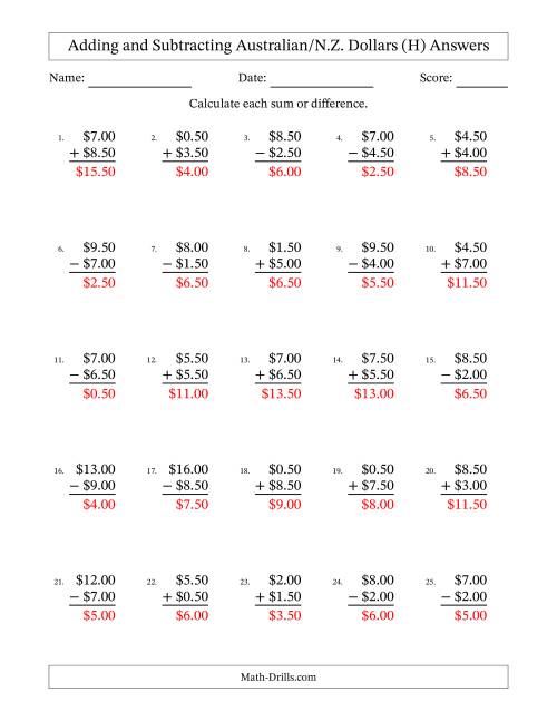 The Adding and Subtracting Australian/N.Z. Dollars With Amounts from 0.50 to 9.50 in Increments of Fifty Cents (H) Math Worksheet Page 2