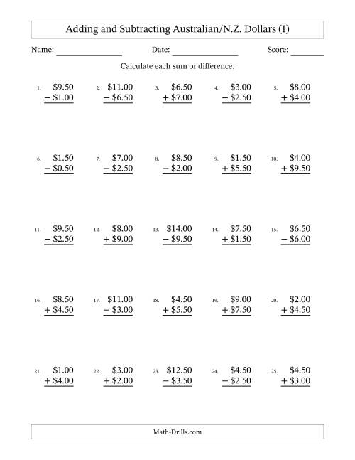 The Adding and Subtracting Australian/N.Z. Dollars With Amounts from 0.50 to 9.50 in Increments of Fifty Cents (I) Math Worksheet