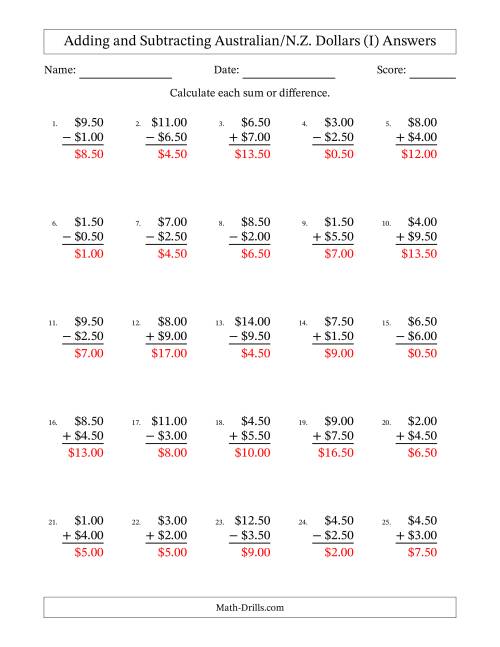 The Adding and Subtracting Australian/N.Z. Dollars With Amounts from 0.50 to 9.50 in Increments of Fifty Cents (I) Math Worksheet Page 2