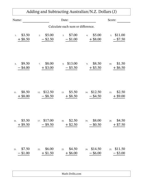 The Adding and Subtracting Australian/N.Z. Dollars With Amounts from 0.50 to 9.50 in Increments of Fifty Cents (J) Math Worksheet