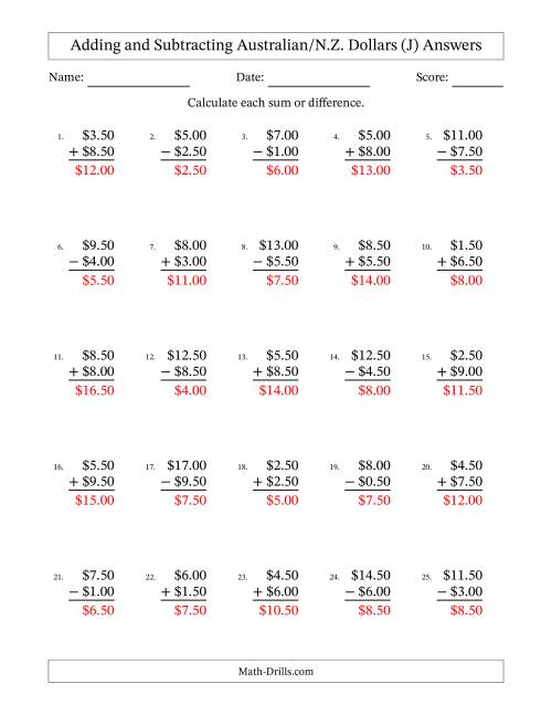 The Adding and Subtracting Australian/N.Z. Dollars With Amounts from 0.50 to 9.50 in Increments of Fifty Cents (J) Math Worksheet Page 2