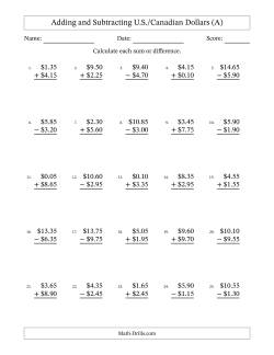 Adding and Subtracting U.S./Canadian Dollars With Amounts from 0.05 to 9.95 in Increments of Five Cents