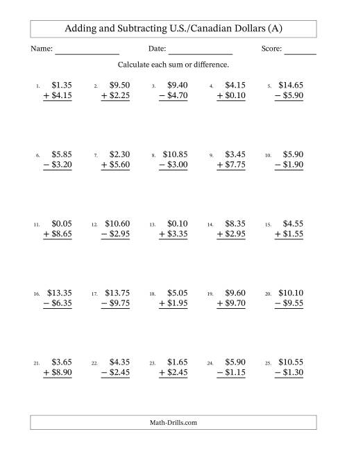 The Adding and Subtracting U.S./Canadian Dollars With Amounts from 0.05 to 9.95 in Increments of Five Cents (A) Math Worksheet