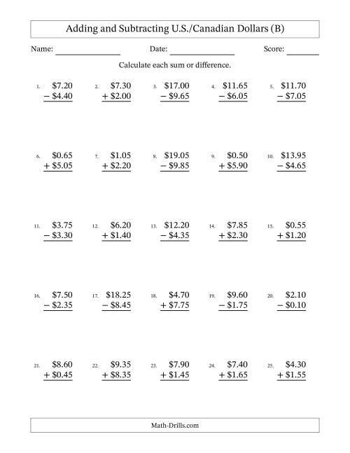 The Adding and Subtracting U.S./Canadian Dollars With Amounts from 0.05 to 9.95 in Increments of Five Cents (B) Math Worksheet