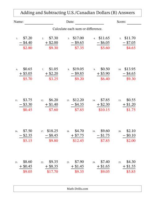 The Adding and Subtracting U.S./Canadian Dollars With Amounts from 0.05 to 9.95 in Increments of Five Cents (B) Math Worksheet Page 2